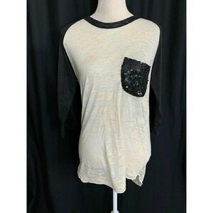 Son Of John Anthropologie Womens Beige Black Sequin Long Sleeve Top T Shirt 1